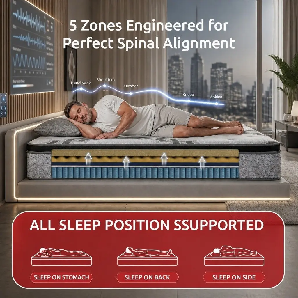 Double Mattress Firm Support 34cm Grey 5-Zone Pocket Spring Latex Memory Foam