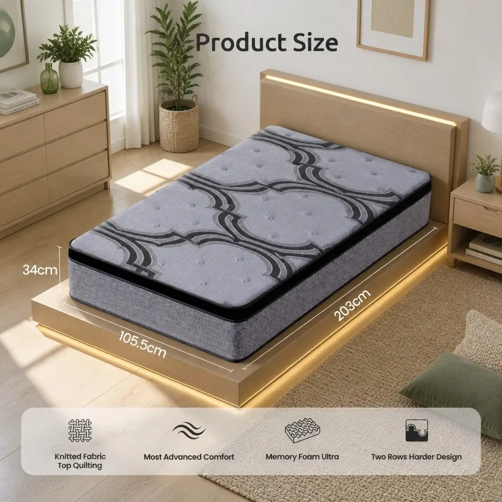 King Single Mattress Extra Firm 34cm 5-Zone Pocket Spring Latex Memory Foam Grey Black