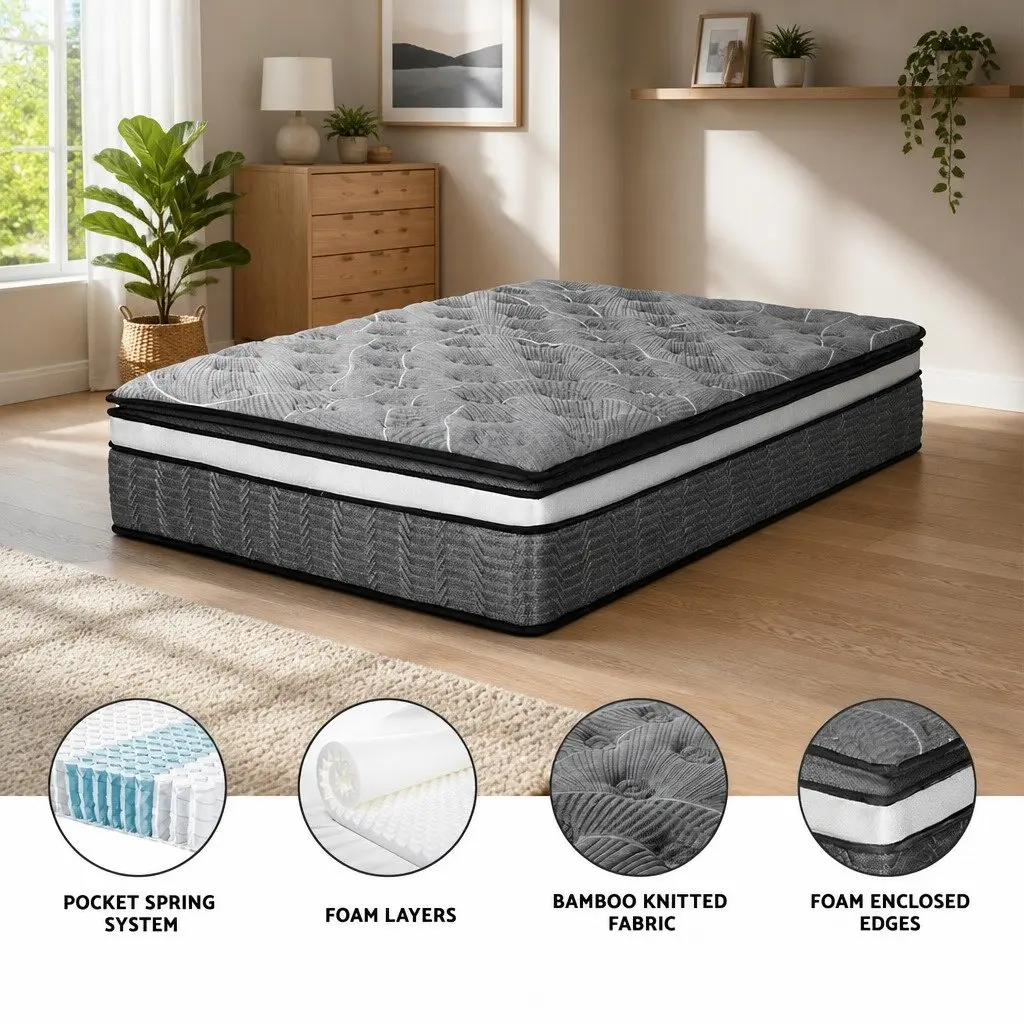 Double Mattress Medium Firm 34cm Black Hypoallergenic Pocket Spring Quilted Comfort