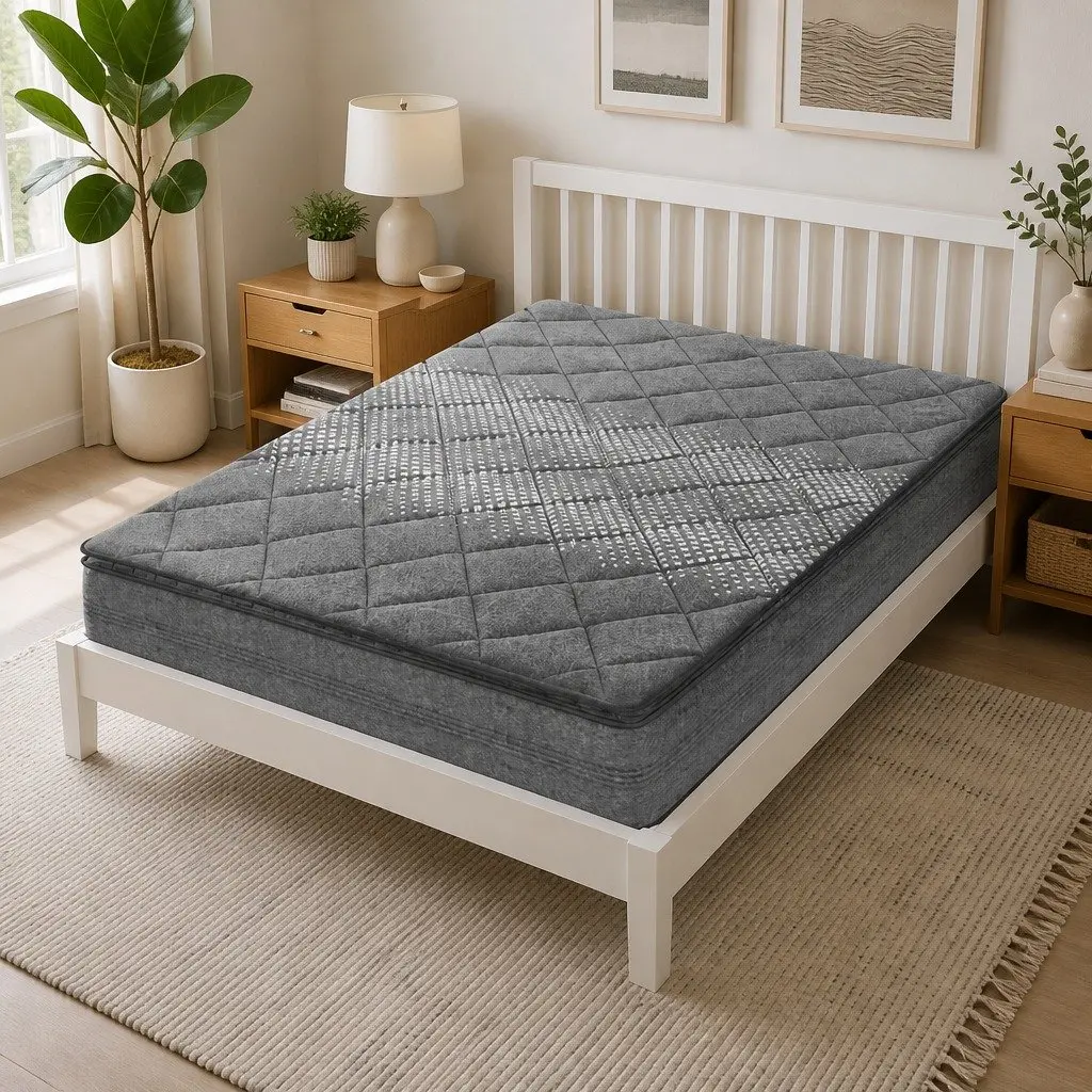 Double Mattress Medium Firm Support 18cm Grey Pillow Top Quilted Fabric