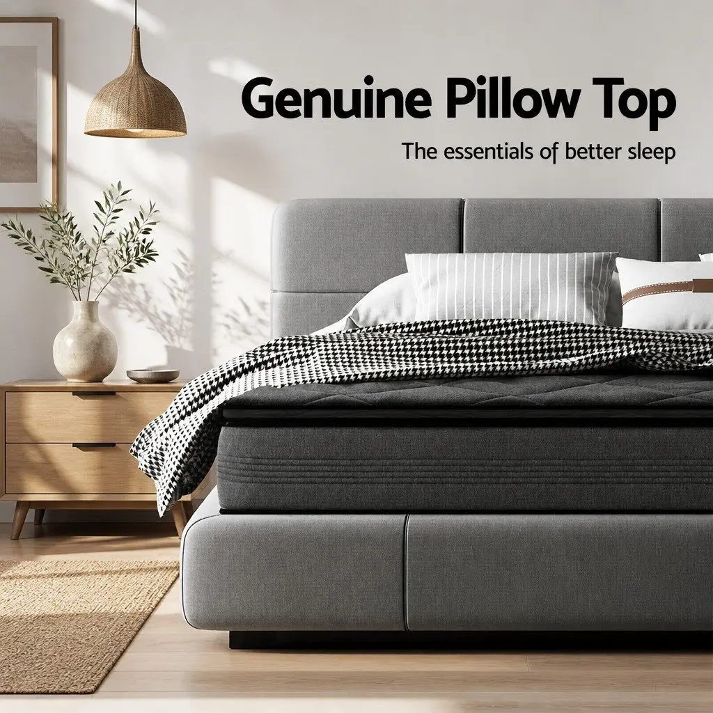 Double Mattress Medium Firm Support 18cm Grey Pillow Top Quilted Fabric