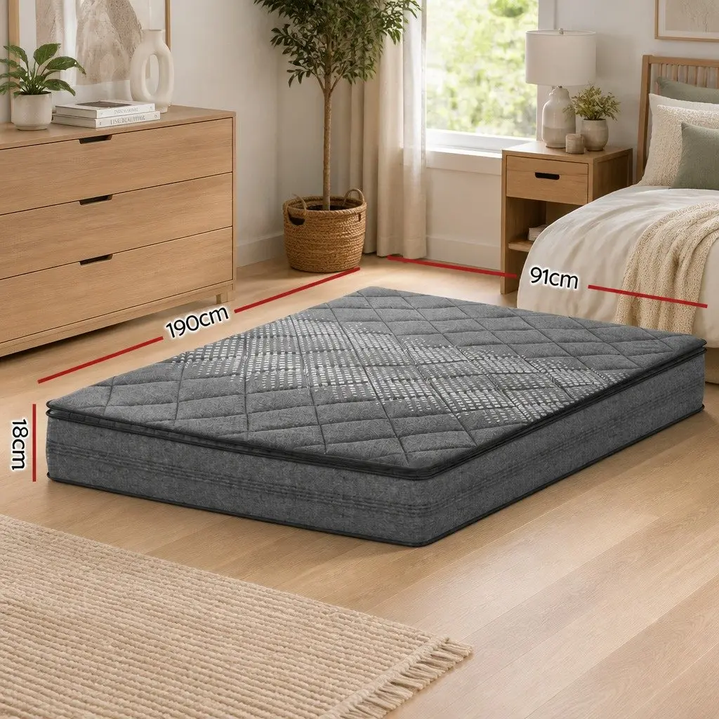 Single Mattress Medium Firm 18cm Grey Pillow Top Quilted Coil Support