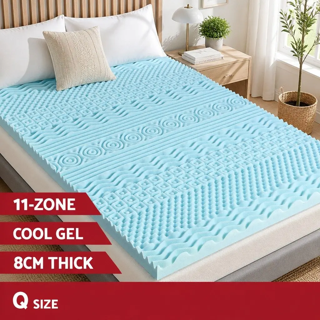 Memory Foam Mattress Topper 8cm Queen Blue 11-Zone Contoured Support