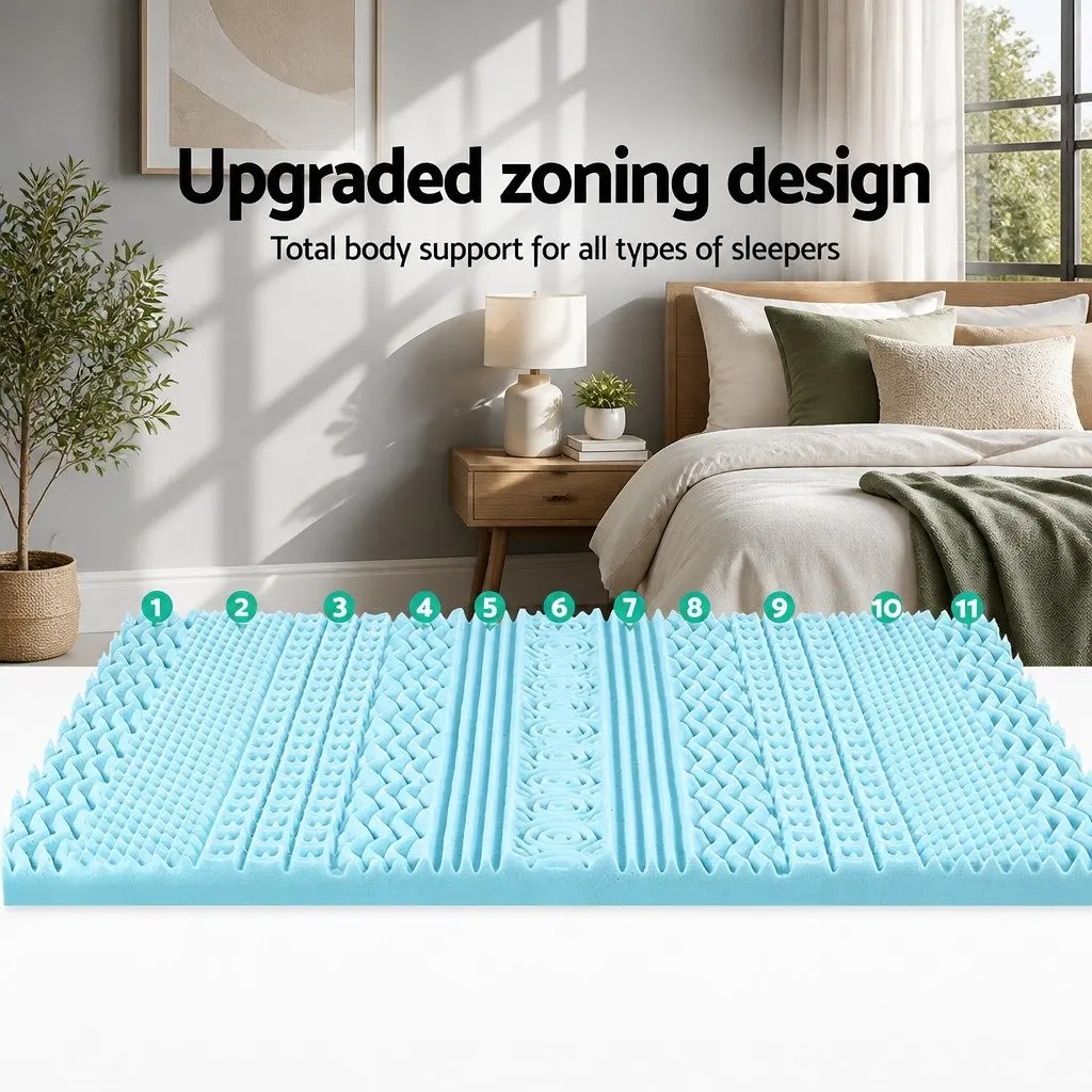 Memory Foam Mattress Topper Single 8cm 11-Zone Blue Contoured Support