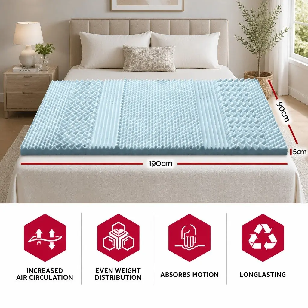 Memory Foam Mattress Topper 7-Zone Single 5cm Support Orthopedic Comfort Pad White Blue