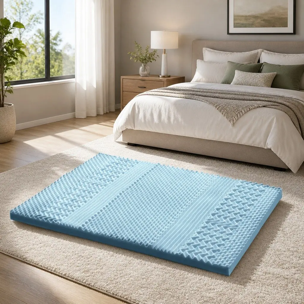 Queen Mattress Topper 8cm Memory Foam 7-Zone Contoured Support White Blue