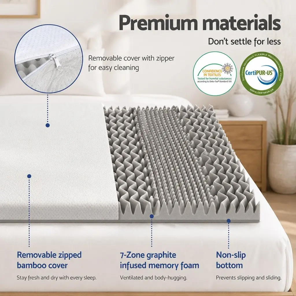 Memory Foam Mattress Topper Queen 8cm Grey 7-Zone Graphite Contoured Support