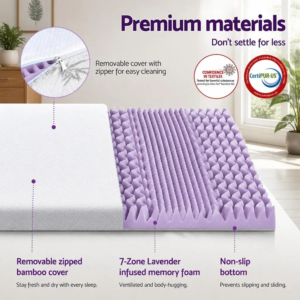 Memory Foam Mattress Topper 8cm Queen Size Lavender Bamboo Cover 7-Zone Support