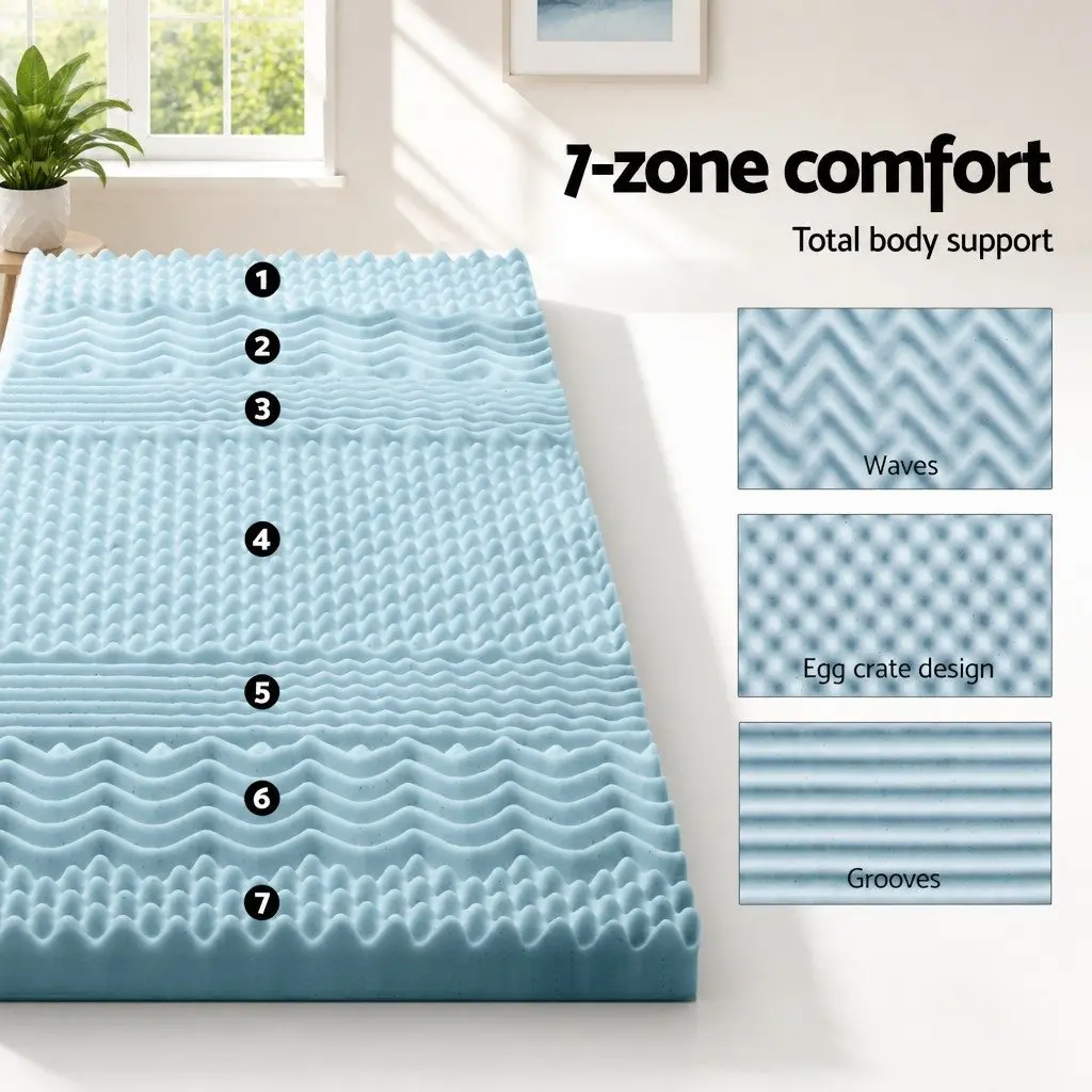 Memory Foam Mattress Topper 7-Zone 8cm King Single Blue