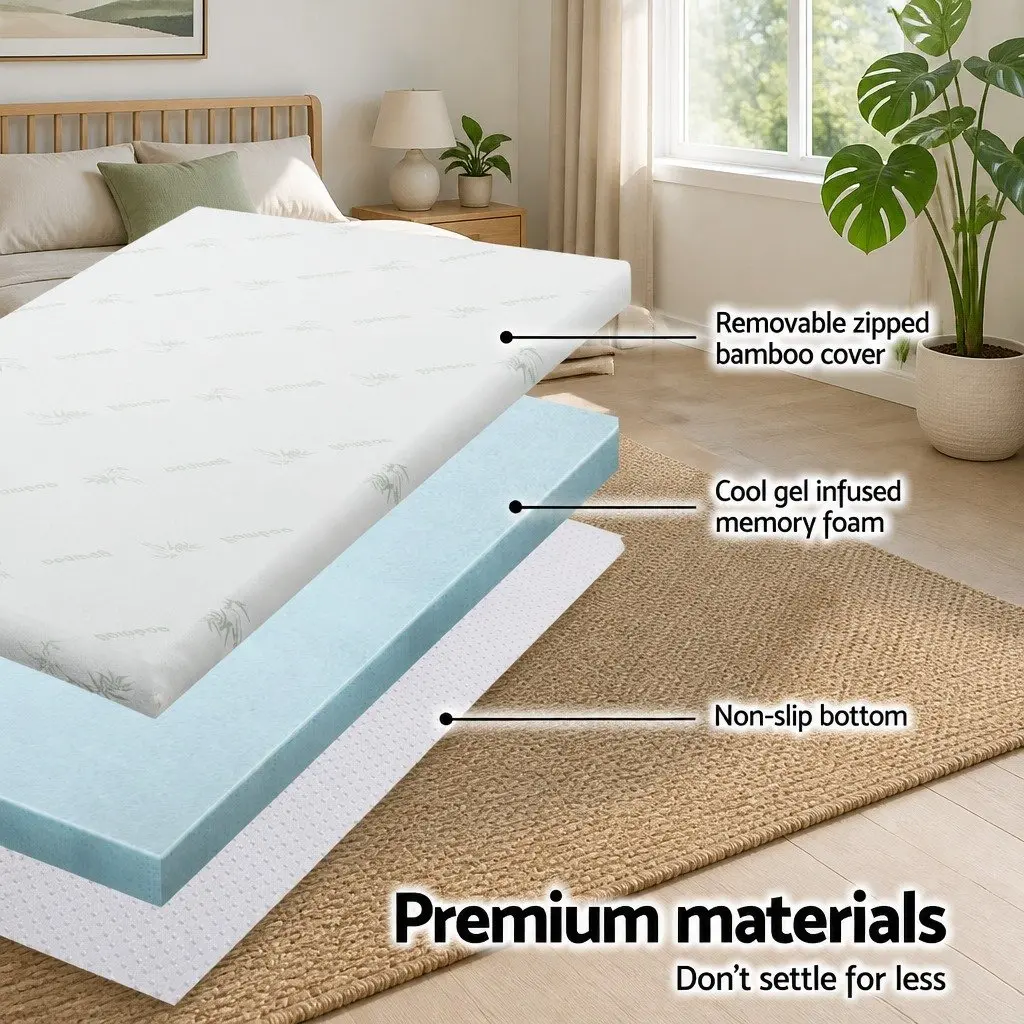 Memory Foam Mattress Topper Cool Gel 10cm Double Bed Bamboo Cover Blue