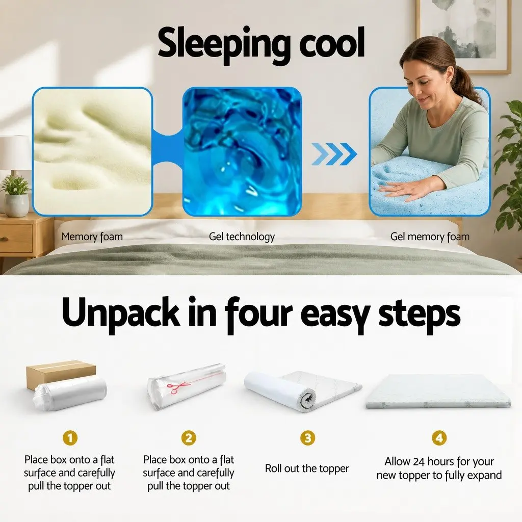 Memory Foam Mattress Topper Cool Gel 10cm Double Bed Bamboo Cover Blue
