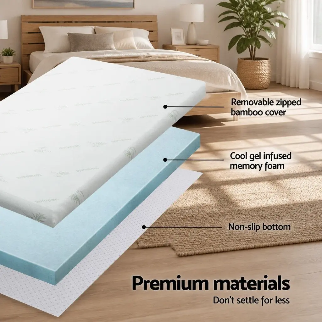 Memory Foam Mattress Topper 10cm Cool Gel Bamboo Fabric King Bed Pad Blue
