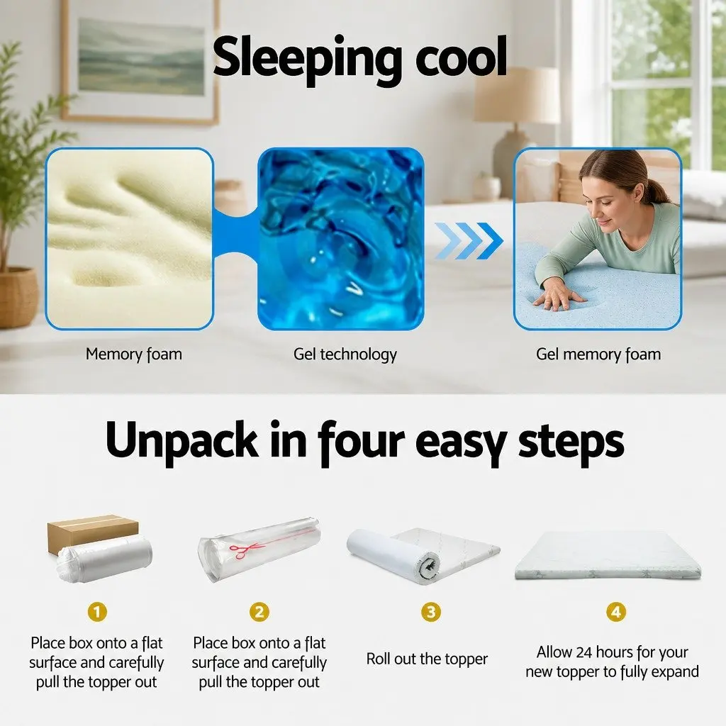 Memory Foam Mattress Topper 10cm Cool Gel Bamboo Fabric King Bed Pad Blue