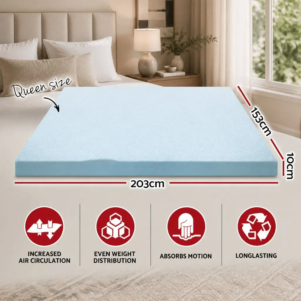 Memory Foam Mattress Topper Queen Gel-Infused Cooling Pressure Relief 10cm White or Blue
