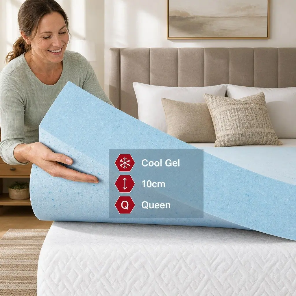 Memory Foam Mattress Topper Queen Gel-Infused Cooling Pressure Relief 10cm White or Blue
