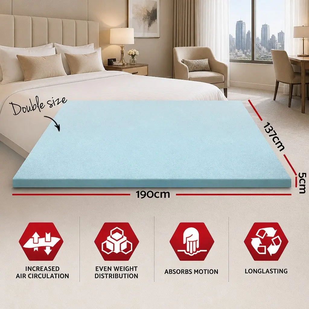 Memory Foam Mattress Topper Pressure Relief Double Bed 5cm Cool Gel Bamboo Cover