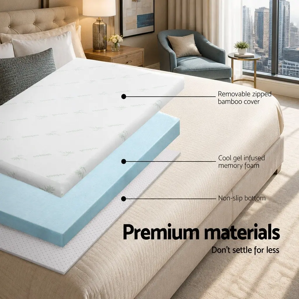 Memory Foam Mattress Topper Pressure Relief Double Bed 5cm Cool Gel Bamboo Cover