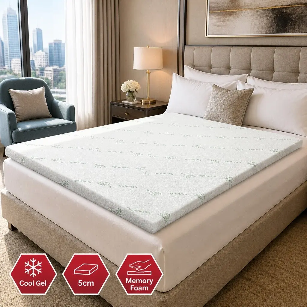 Memory Foam Mattress Topper Pressure Relief Double Bed 5cm Cool Gel Bamboo Cover