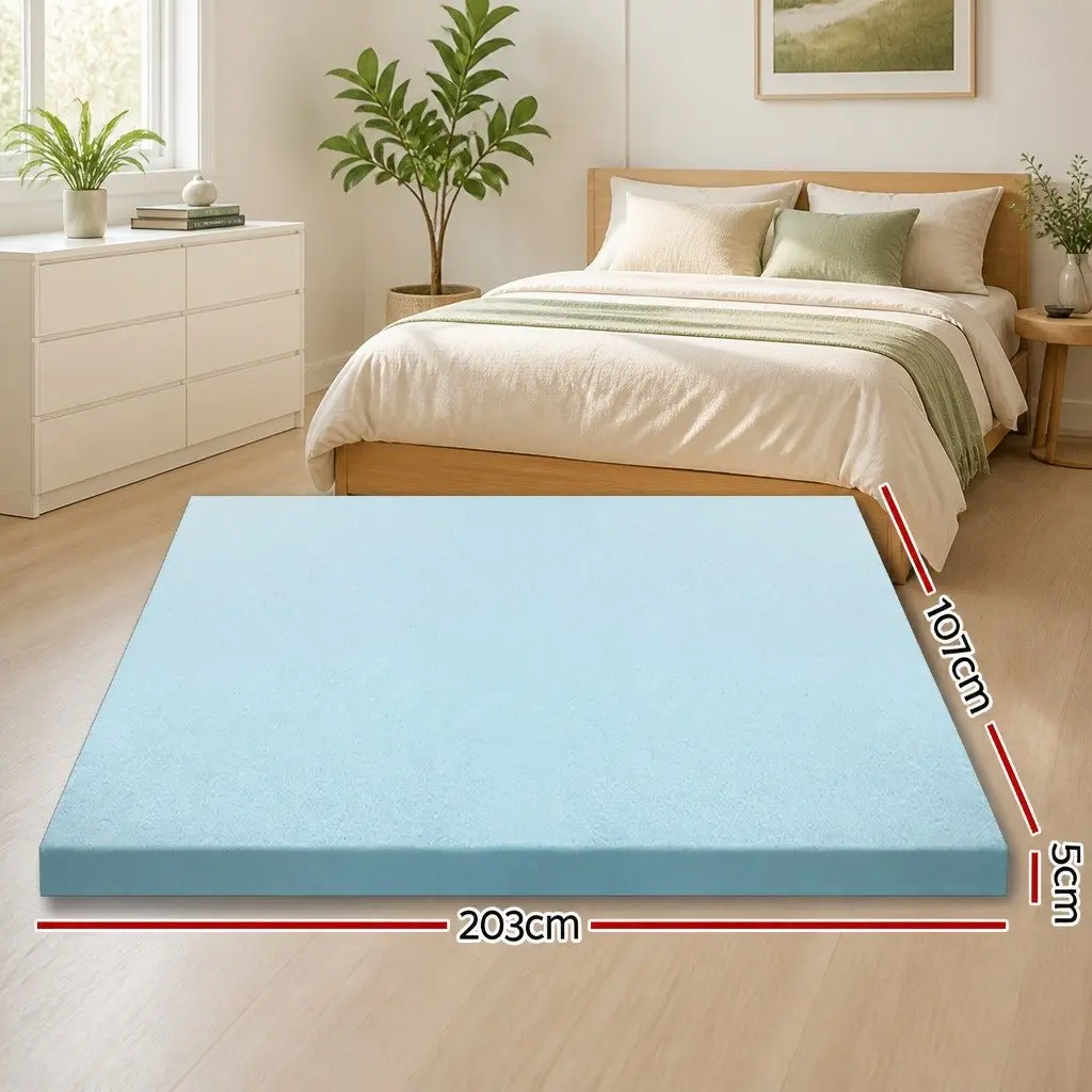Cool Gel Memory Foam Topper 5cm King Single Blue for Pressure Relief and Comfort