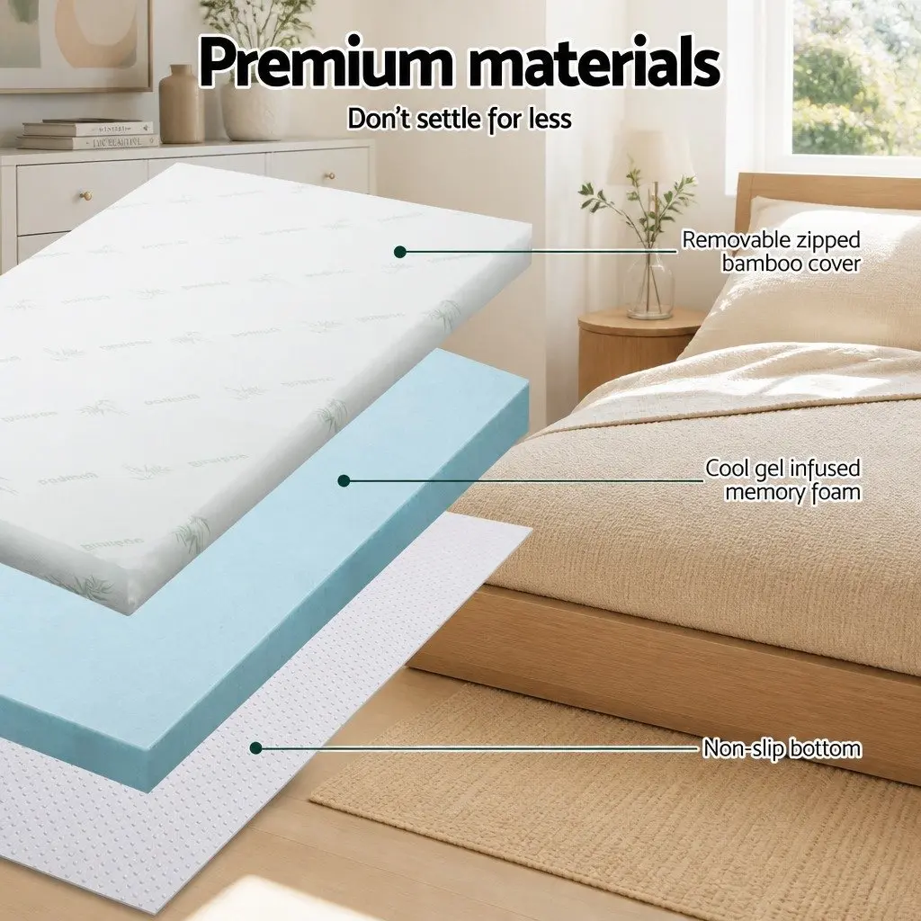 Cool Gel Memory Foam Topper 5cm King Single Blue for Pressure Relief and Comfort