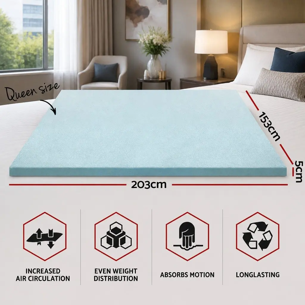 Memory Foam Mattress Topper Queen Gel-Infused Cool Sleep 5cm White Blue