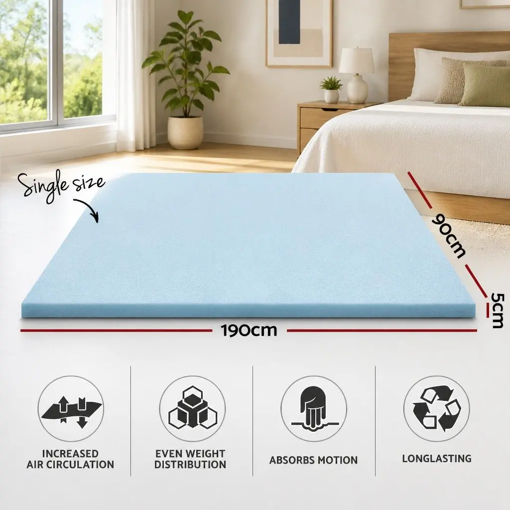 Memory Foam Mattress Topper Pressure Relief Single Bed 5cm Gel-Infused Cool Gel White Blue