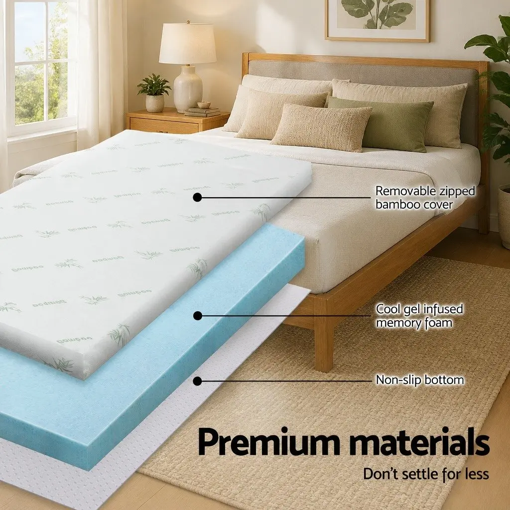 Memory Foam Mattress Topper Pressure Relief Single Bed 5cm Gel-Infused Cool Gel White Blue