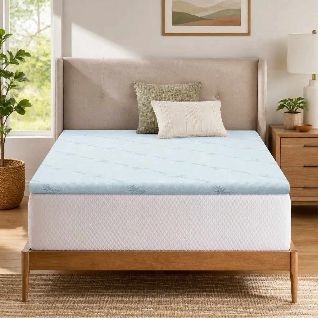Memory Foam Mattress Topper Pressure Relief Single Bed 5cm Gel-Infused Cool Gel White Blue