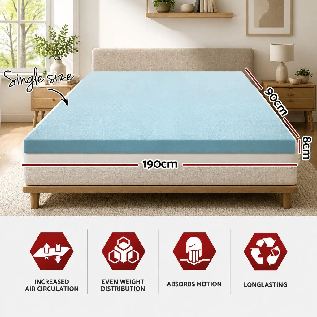 Memory Foam Mattress Topper Single 8cm Cool Gel Pressure Relief White or Blue