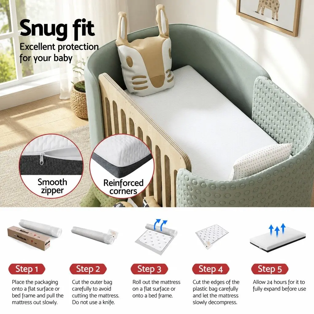 Cot Mattress Gel Memory Foam 13cm Thick Double-Sided Breathable Hypoallergenic White Grey