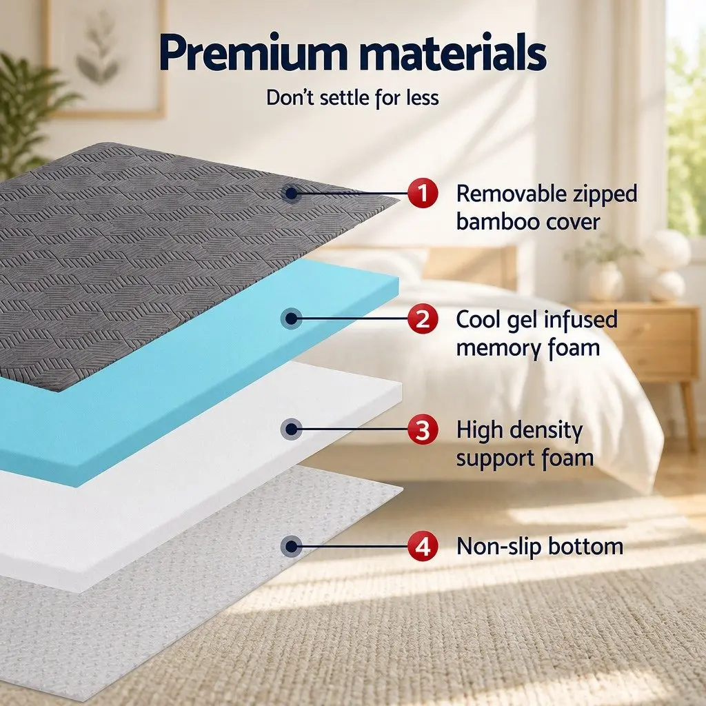 Gel Infused Dual Layer Memory Foam Mattress Topper 8cm King Single Grey Bamboo Cover