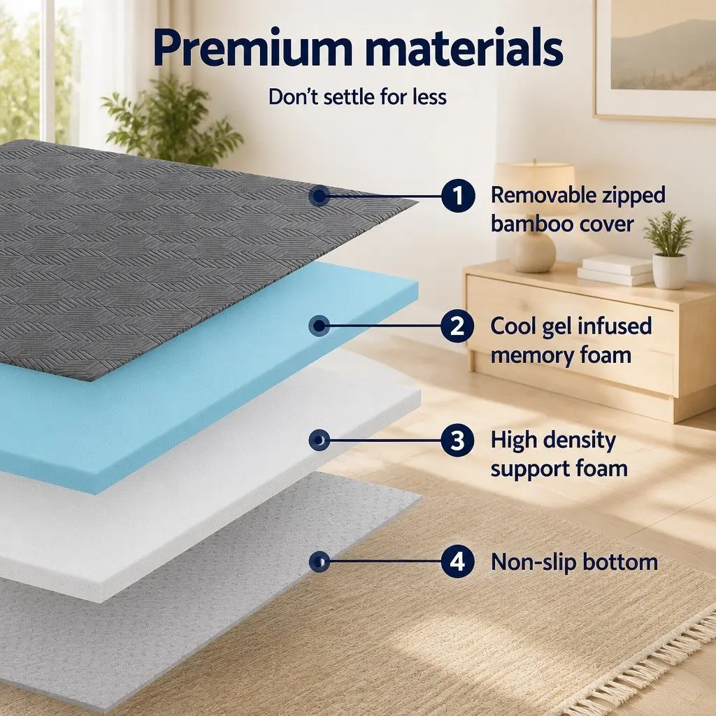 Gel Infused Memory Foam Mattress Topper 8cm Queen Bamboo Cover Grey Dual Layer