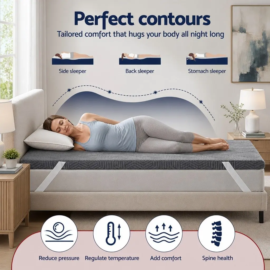 Memory Foam Mattress Topper Pressure Relief 8cm Single Bed Grey