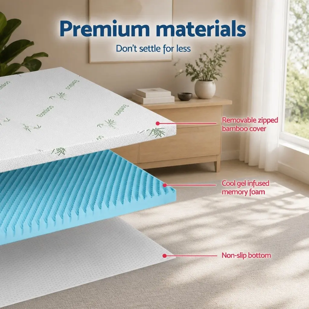 Memory Foam Mattress Topper 8cm Double Cool Gel Breathable Bamboo Cover White