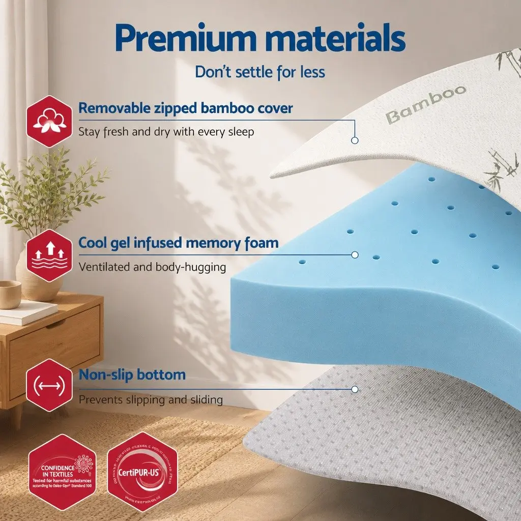 Memory Foam Mattress Topper King 12cm Ventilated Cool Gel Bamboo Cover