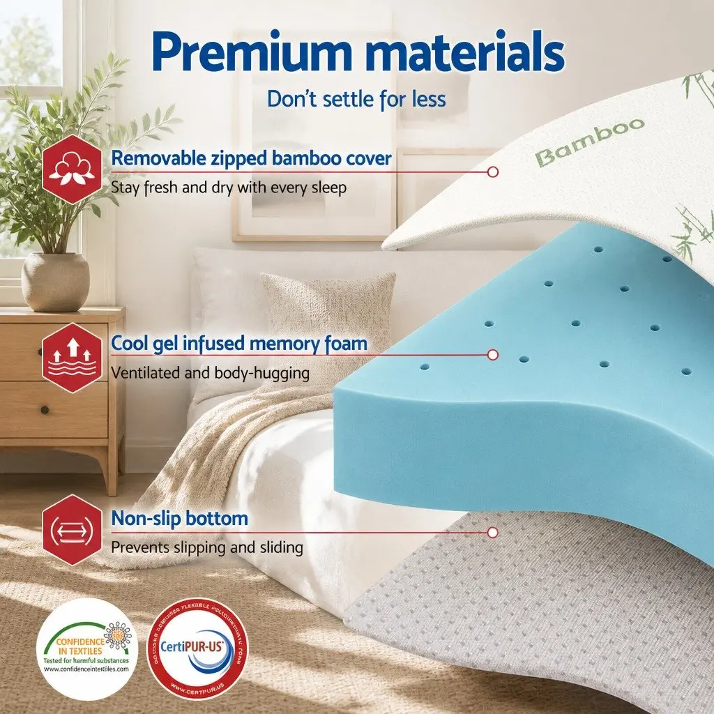 Mattress Topper Memory Foam 12cm King Single Blue Ventilated Gel Bamboo Cover