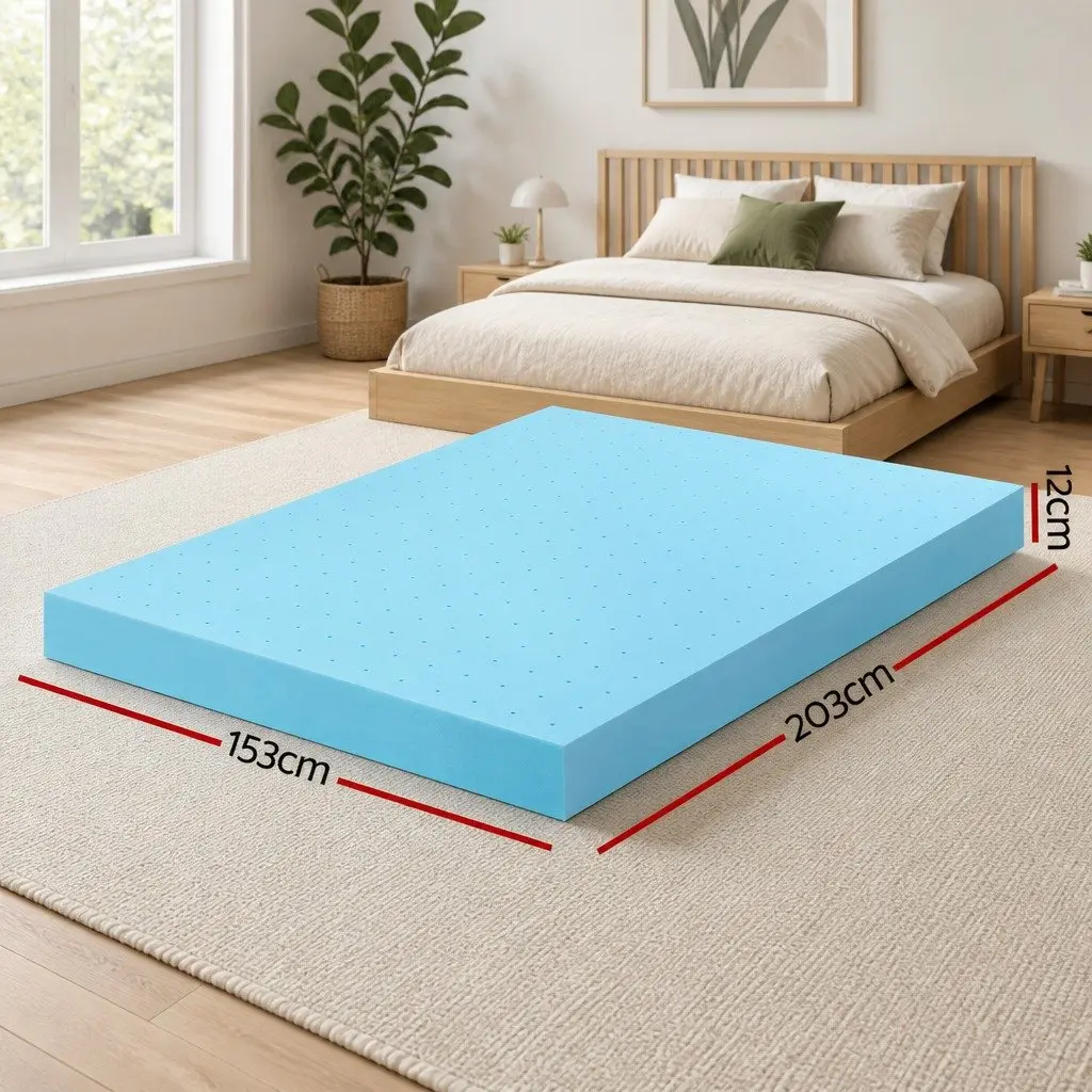 Memory Foam Mattress Topper 12cm Queen Ventilated Gel Bamboo Cover Blue