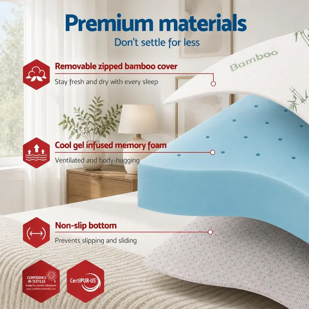 Memory Foam Mattress Topper 12cm Queen Ventilated Gel Bamboo Cover Blue