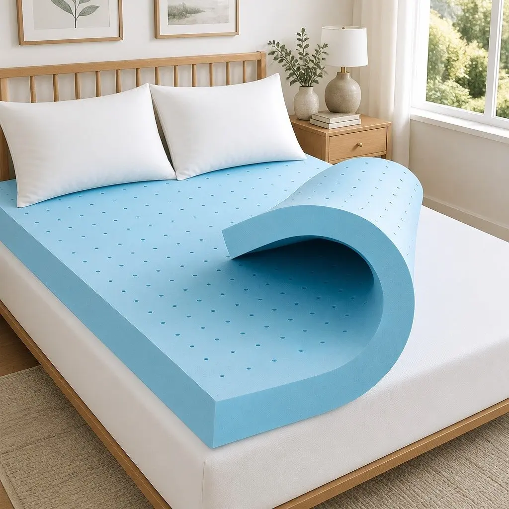 Memory Foam Mattress Topper 12cm Queen Ventilated Gel Bamboo Cover Blue