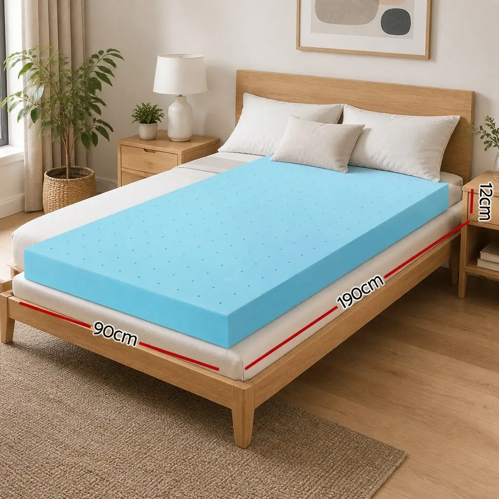 Single Bed Mattress Topper 12cm Ventilated Gel Memory Foam Bamboo Cover Blue