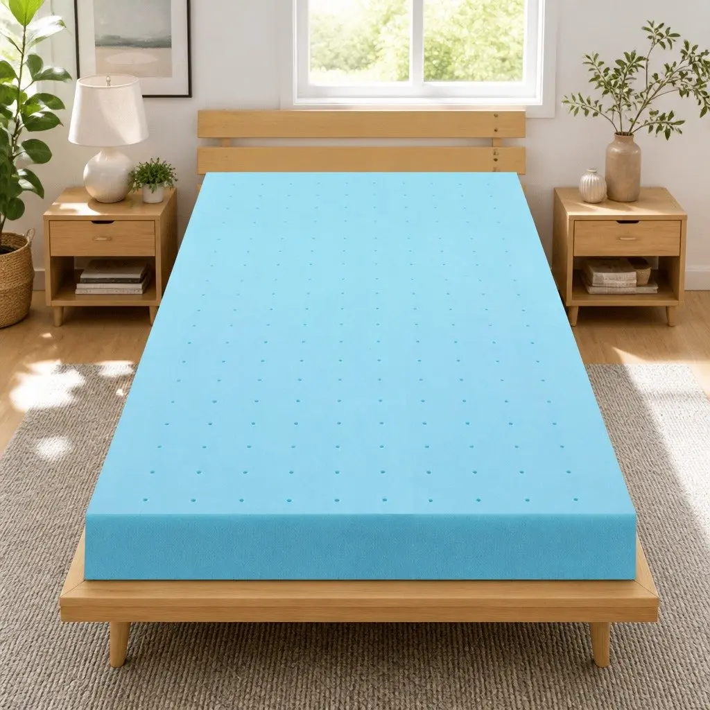 Single Bed Mattress Topper 12cm Ventilated Gel Memory Foam Bamboo Cover Blue