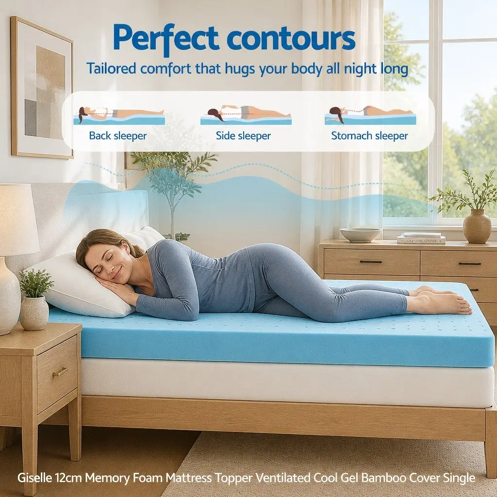 Single Bed Mattress Topper 12cm Ventilated Gel Memory Foam Bamboo Cover Blue