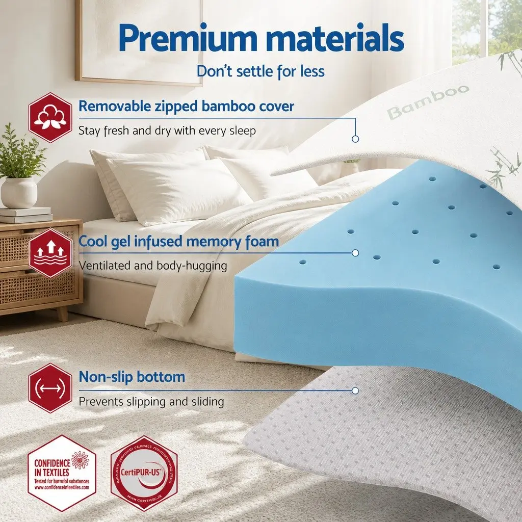 Single Bed Mattress Topper 12cm Ventilated Gel Memory Foam Bamboo Cover Blue