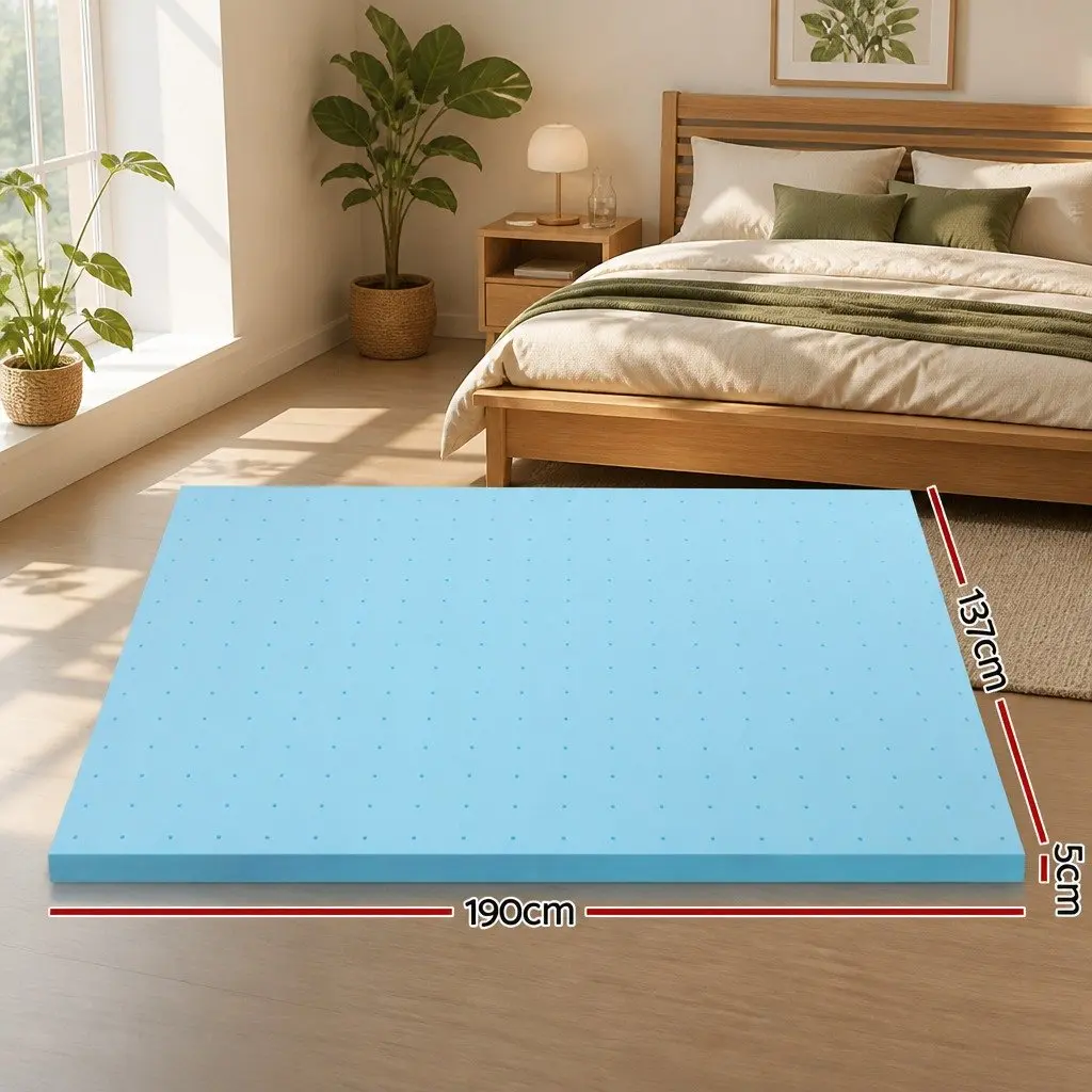 Memory Foam Mattress Topper Double Bed 5cm Ventilated Gel Blue Bamboo Cover
