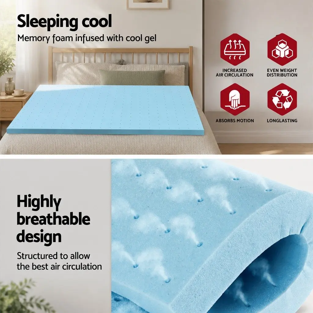 Memory Foam Mattress Topper Double Bed 5cm Ventilated Gel Blue Bamboo Cover