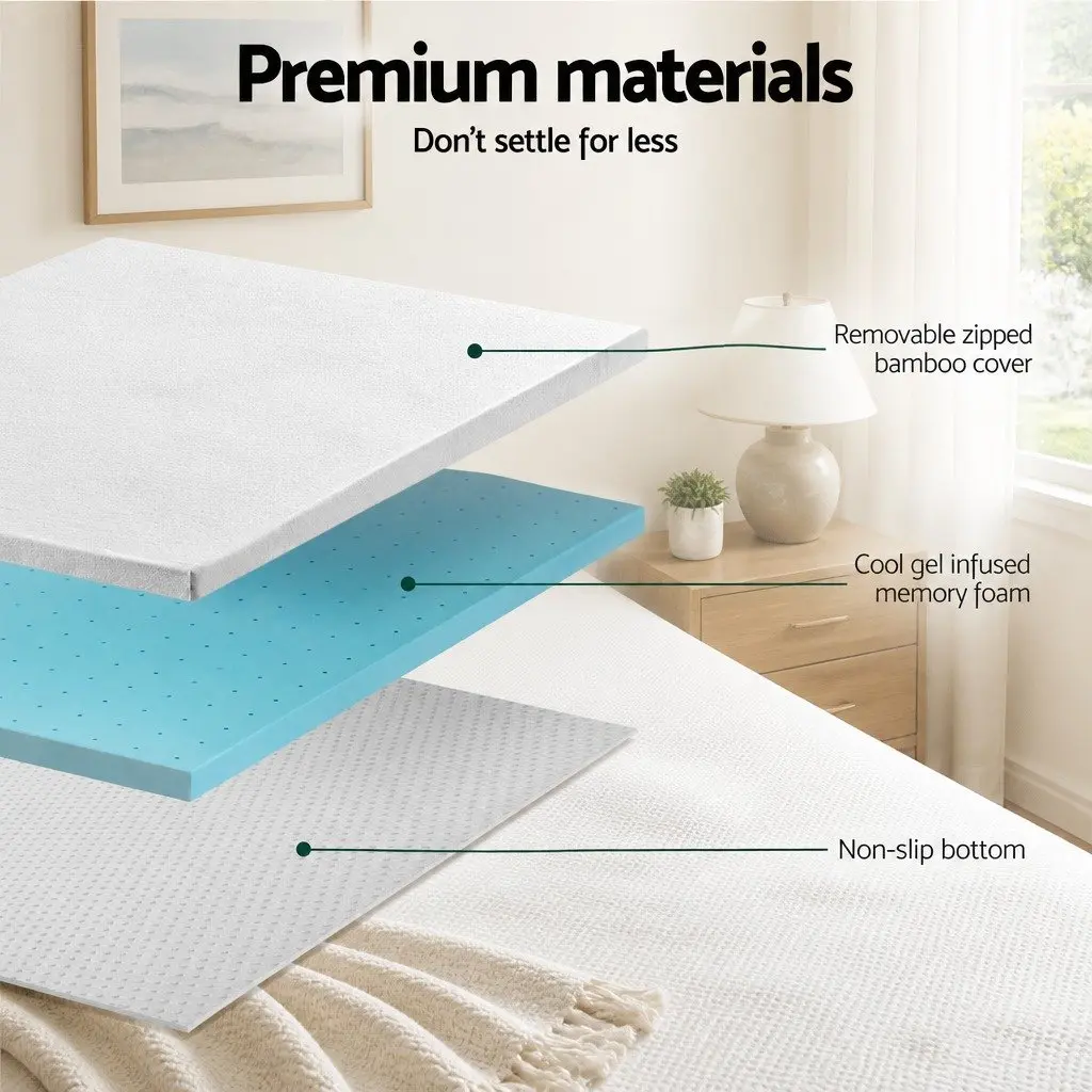 Memory Foam Mattress Topper Double Bed 5cm Ventilated Gel Blue Bamboo Cover