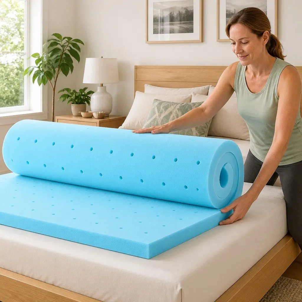 Memory Foam Mattress Topper King Bed 5cm Cool Gel Ventilated Blue Removable Cover