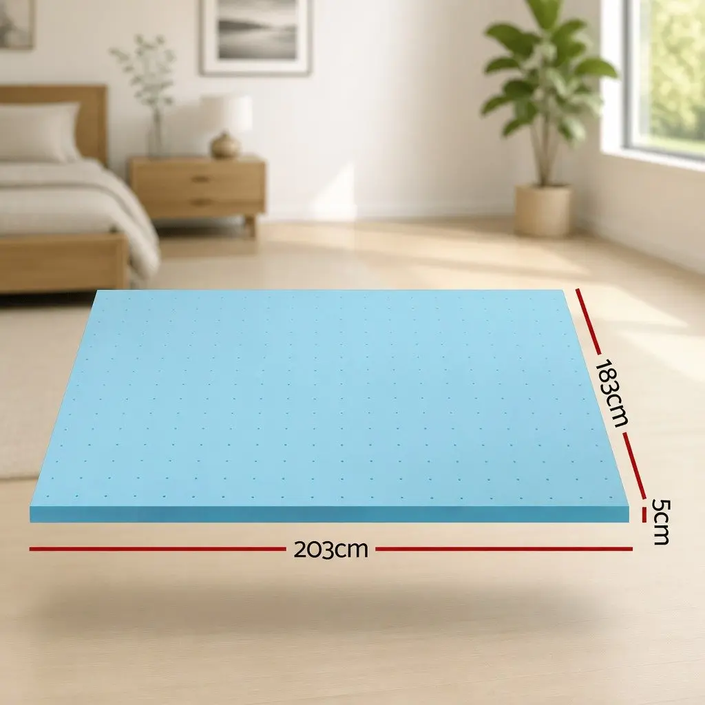 Memory Foam Mattress Topper King Bed 5cm Cool Gel Ventilated Blue Removable Cover