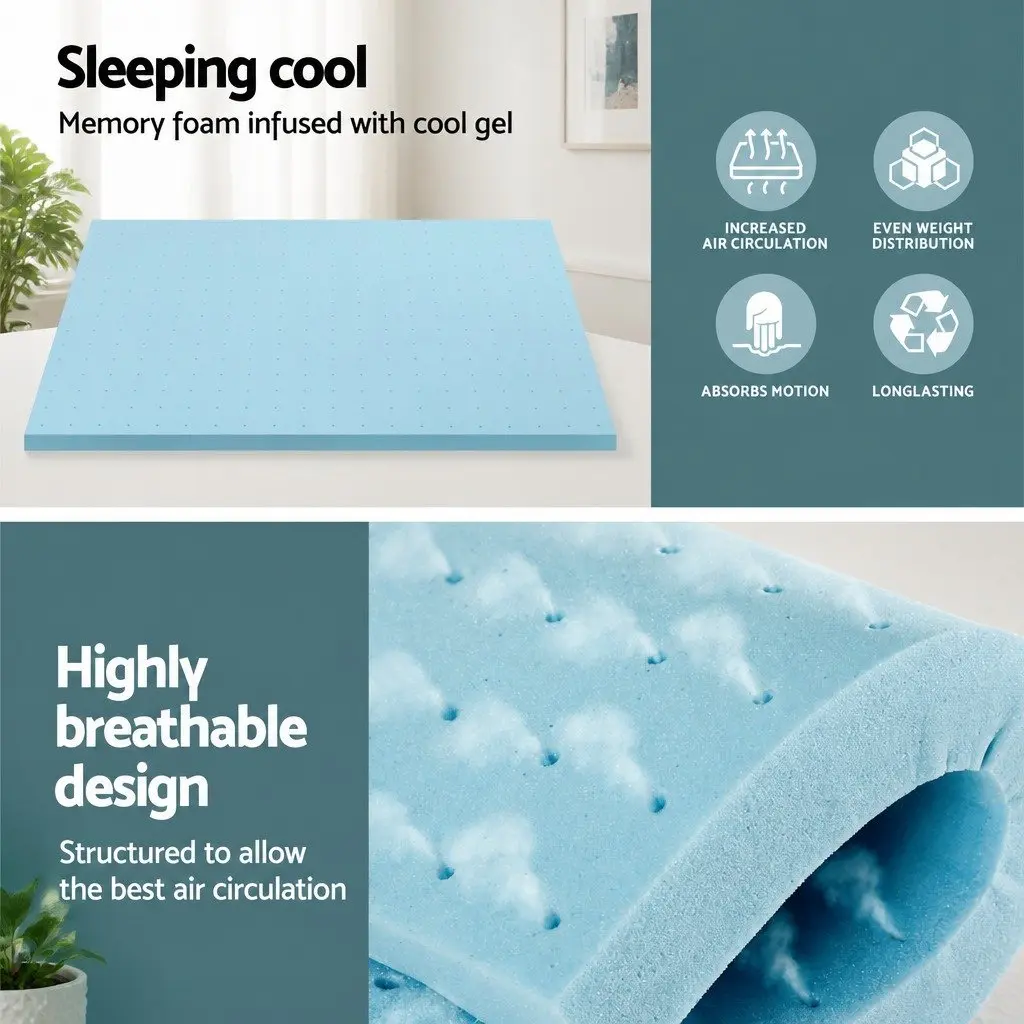 Memory Foam Mattress Topper King Bed 5cm Cool Gel Ventilated Blue Removable Cover