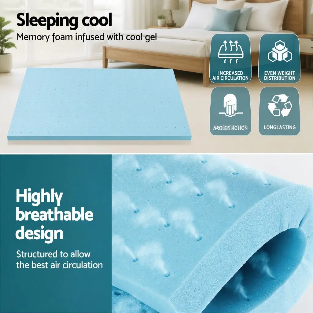 Memory Foam Mattress Topper Queen Bed 5cm Thick Ventilated Gel Blue